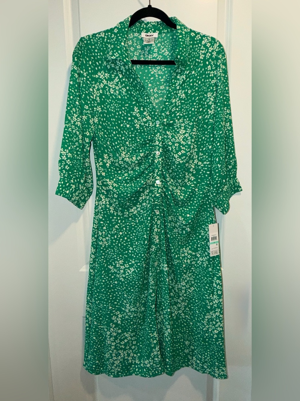 Dkny Green Midi Dress with White Ditsy Floral